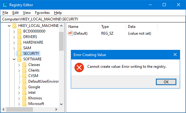 Registry writing error